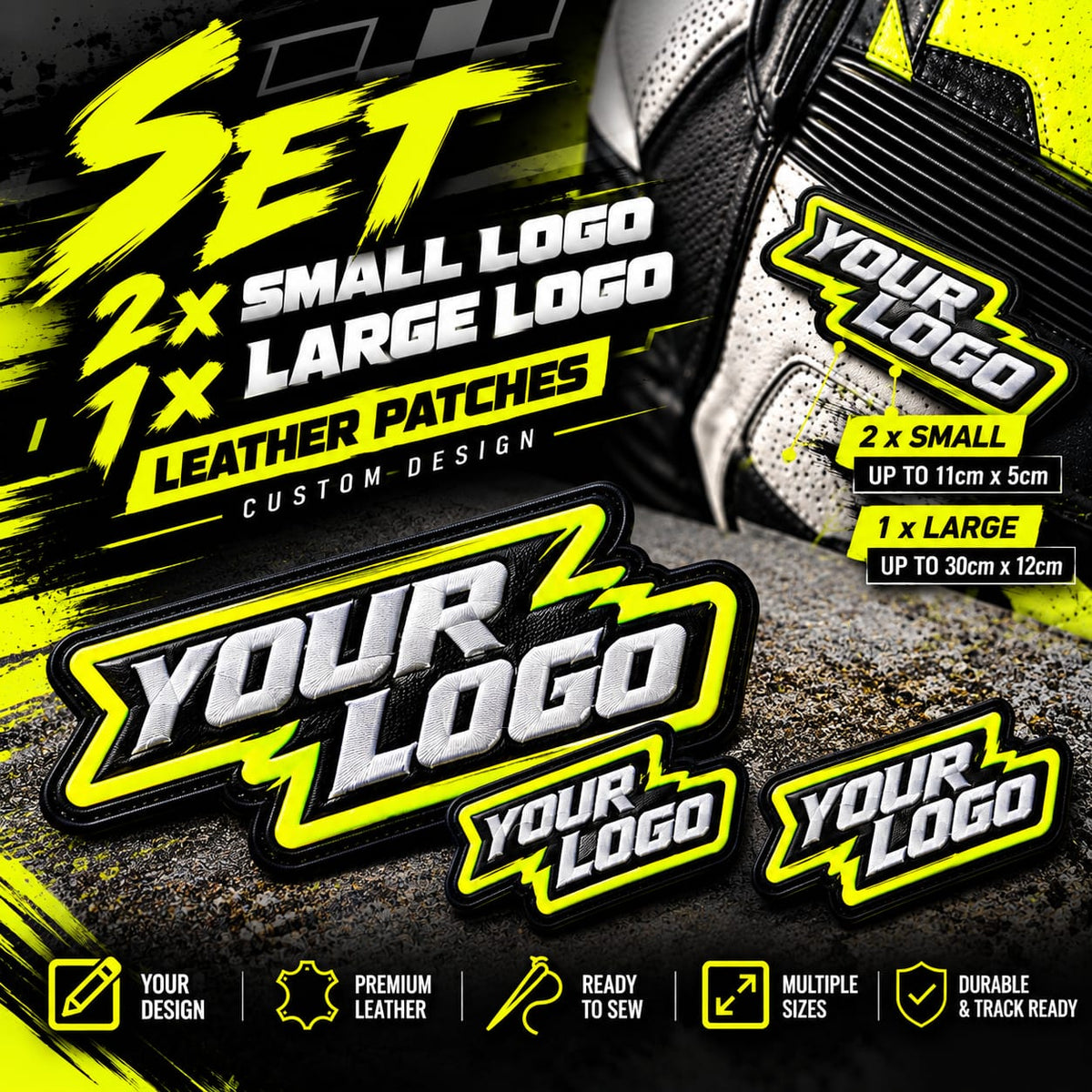 SET  5 x   personalised logo patches          (  1  Large  + 4 small )